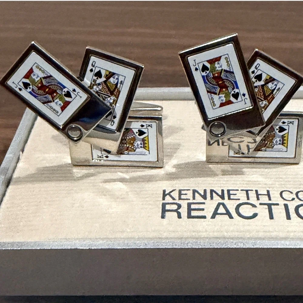 Kenneth Cole Reaction Cufflinks Mens Playing Cards Poker Silver Tone Novelty NWT